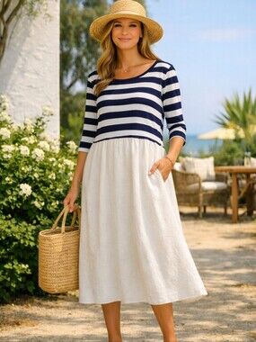 apuntob Navy and White Striped Dress